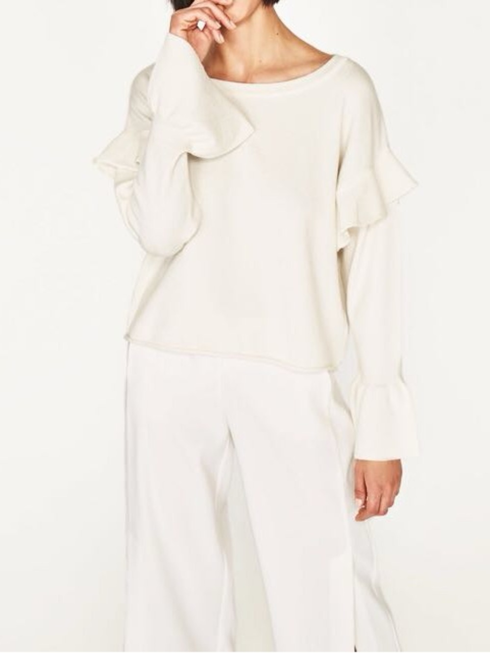 Zara Cream Flounce Sweater Bell Cuffs Ruffle Shoulder